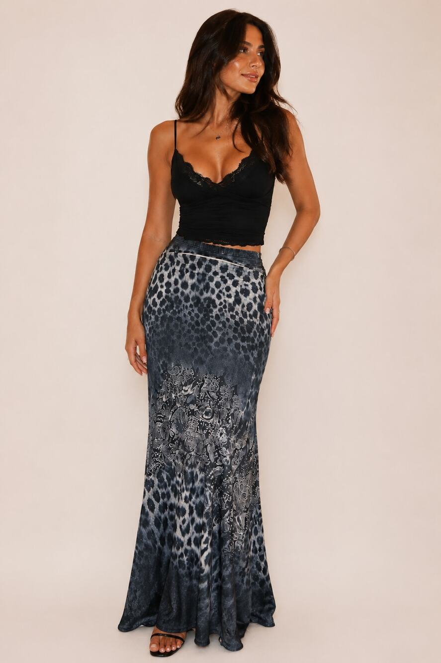 S-Twelve Y2K Leopard Print Rhinestone Maxi Skirt Mob Wife Made in USA X-Small